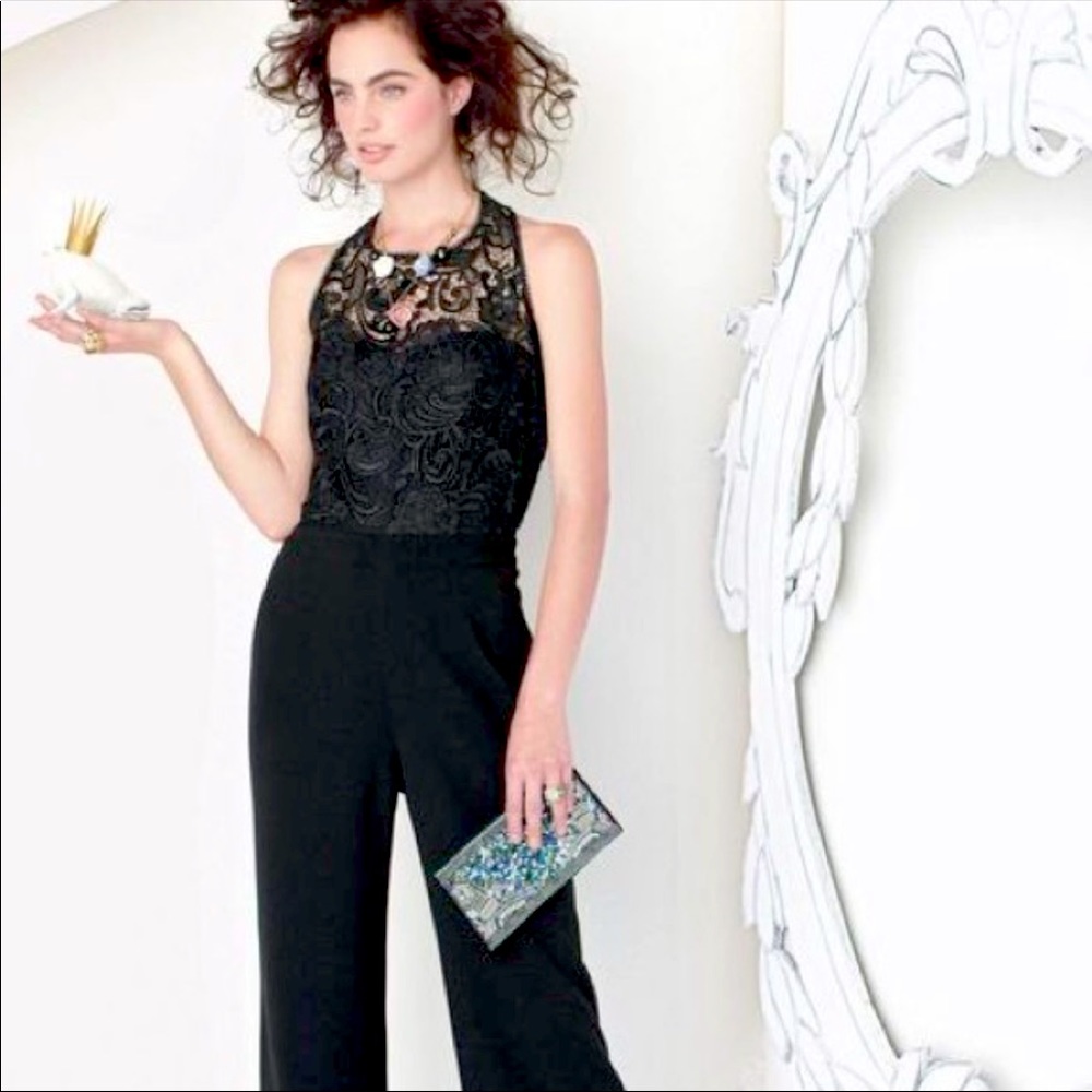 Black Lace Halter Jumpsuit - Women's Elegant Evening Wear